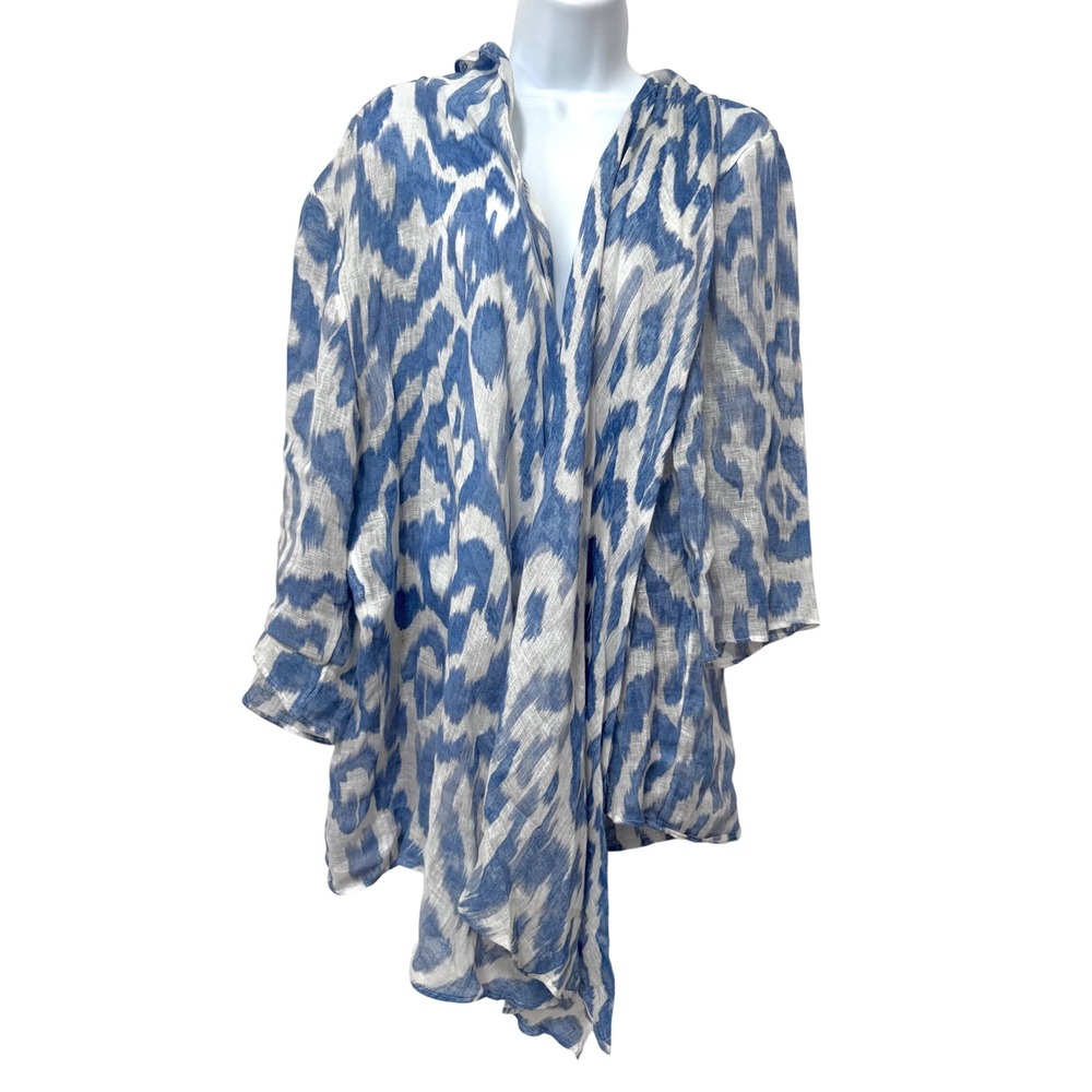 Chico's Linen gauzy duster sz XL (3) Blue White Ikat Print Draped lagen beach